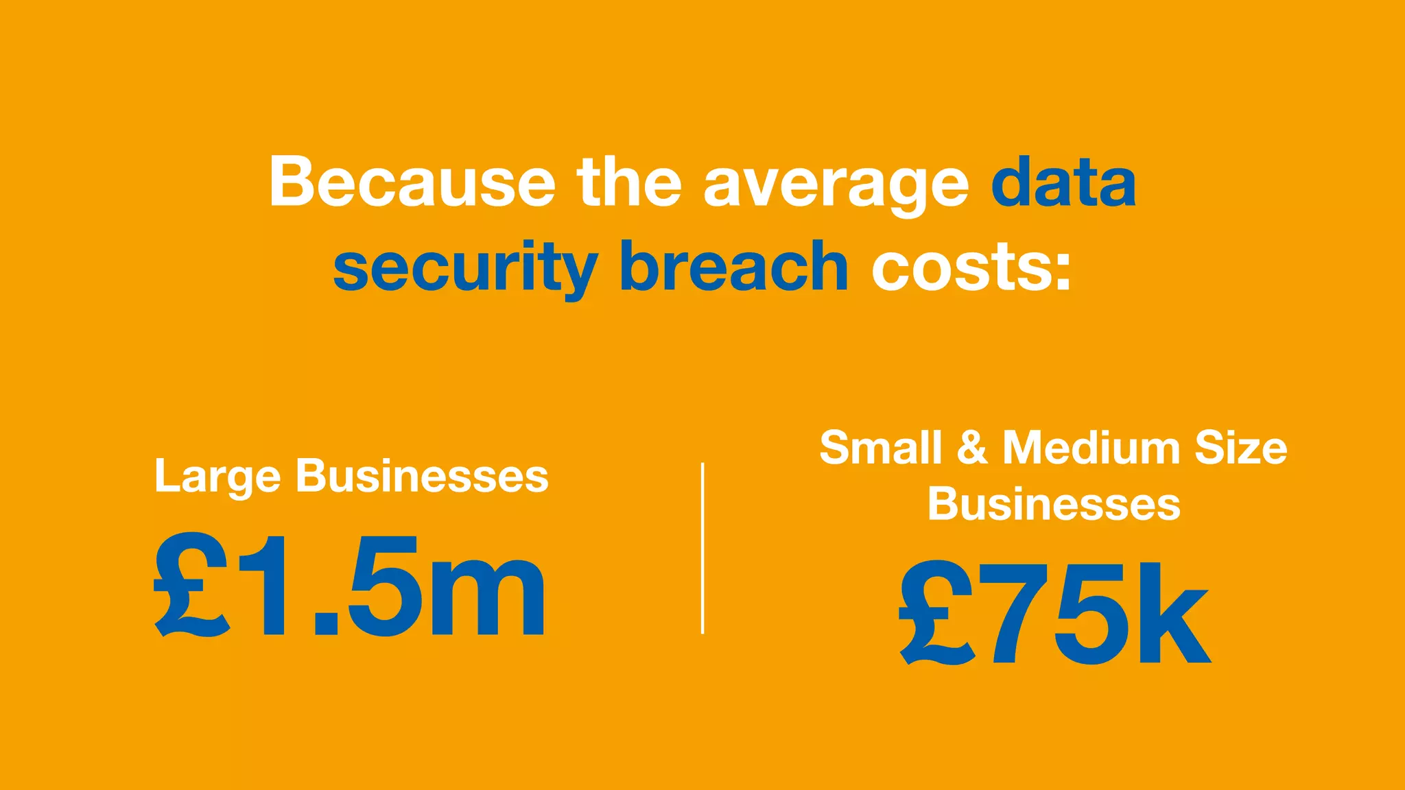 Because the average data
security breach costs:
Large Businesses
£1.5m
Small & Medium Size
Businesses
£75k
 