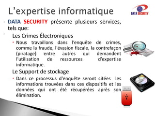 La securité de l’informationDATA SECURITYprésente plusieurs services,  tels que:GAP AnalysisNous effectuons une analyse de votre entreprise à partir de normatives, comme la famille ISO 27000 et le PCI-DSS, pour découvrir les points les plus critiques dans le domaine de la sécurité de l’information.Test d’invasion (PenetrationTesting)Notre analyse permet de reconnaître les vulnérabilités dans votre périmètre de réseau et évaluer vos risques. En plus, nous vous offrons les subventions pour les corrections et les mesures préventives. 