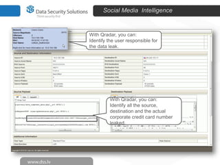 Social Media Intelligence

With Qradar, you can:
Identify the user responsible for
the data leak.

With Qradar, you can:
Identify all the source,
destination and the actual
corporate credit card number
leaked.

 