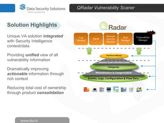 QRadar Vulnerability Scaner

Solution Highlights
New

Unique VA solution integrated
with Security Intelligence
context/data

Providing unified view of all
vulnerability information
Dramatically improving
actionable information through
rich context
Reducing total cost of ownership
through product consolidation

Log
Manager

SIEM

Network
Activity
Monitor

Risk
Manager

Vulnerability
Manager

 