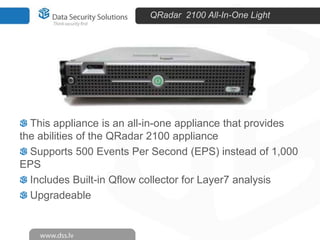 QRadar 2100 All-In-One Light

This appliance is an all-in-one appliance that provides
the abilities of the QRadar 2100 appliance
Supports 500 Events Per Second (EPS) instead of 1,000
EPS
Includes Built-in Qflow collector for Layer7 analysis
Upgradeable

 