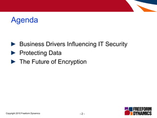 Agenda<br />Business Drivers Influencing IT Security<br />Protecting Data<br />The Future of Encryption<br />