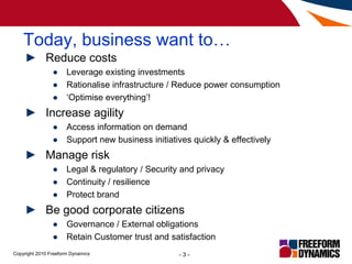 Today, business want to…<br />Reduce costs<br />Leverage existing investments<br />Rationalise infrastructure / Reduce pow...