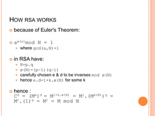 HOW RSA WORKS
 because of Euler's Theorem:
 aø(n)mod N = 1
 where gcd(a,N)=1
 in RSA have:
 N=p.q
 ø(N)=(p-1)(q-1)
 carefully chosen e & d to be inverses mod ø(N)
 hence e.d=1+k.ø(N) for some k
 hence :
Cd = (Me)d = M1+k.ø(N) = M1.(Mø(N))q =
M1.(1)q = M1 = M mod N
 