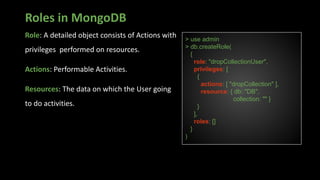 Roles in MongoDB
Role: A detailed object consists of Actions with
privileges performed on resources.
Actions: Performable Activities.
Resources: The data on which the User going
to do activities.
> use admin
> db.createRole(
{
role: "dropCollectionUser",
privileges: [
{
actions: [ "dropCollection" ],
resource: { db: "DB",
collection: "" }
}
],
roles: []
}
)
 