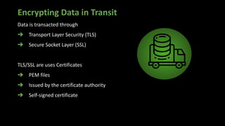 Encrypting Data in Transit
Data is transacted through
➔ Transport Layer Security (TLS)
➔ Secure Socket Layer (SSL)
TLS/SSL are uses Certificates
➔ PEM files
➔ Issued by the certificate authority
➔ Self-signed certificate
 