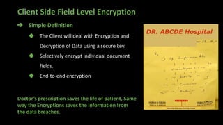 Client Side Field Level Encryption
➔ Simple Definition
◆ The Client will deal with Encryption and
Decryption of Data using a secure key.
◆ Selectively encrypt individual document
fields.
◆ End-to-end encryption
Doctor’s prescription saves the life of patient, Same
way the Encryptions saves the information from
the data breaches.
 