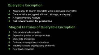 Queryable Encryption
➔ Allows user to search their data while it remains encrypted
➔ Data remains encrypted at insert, storage, and query.
➔ A Public Preview Feature
➔ Not recommended for production
Magical Features of Queryable Encryption
➔ Fully randomized encryption
➔ Expressive queries on encrypted data
➔ Client-side encryption
➔ Customer-managed encryption keys
➔ Industry standard cryptography primitives
➔ Field-level encryption
 