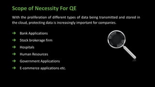 Scope of Necessity For QE
With the proliferation of different types of data being transmitted and stored in
the cloud, protecting data is increasingly important for companies.
➔ Bank Applications
➔ Stock brokerage firm
➔ Hospitals
➔ Human Resources
➔ Government Applications
➔ E-commerce applications etc.
 