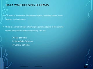 13 November 2019 Presentation titlePage 16
DATA WAREHOUSING SCHEMAS
• A schema is a collection of database objects, including tables, views,
indexes, and synonyms.
• There is a variety of ways of arranging schema objects in the schema
models designed for data warehousing. The are:
Star Schema
Snowflake Schema
Galaxy Schema
 