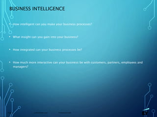 13 November 2019 Presentation titlePage 20
BUSINESS INTELLIGENCE
• How intelligent can you make your business processes?
• What insight can you gain into your business?
• How integrated can your business processes be?
• How much more interactive can your business be with customers, partners, employees and
managers?
 