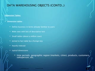 13 November 2019 Presentation titlePage 26
DATA WAREHOUSING OBJECTS (CONTD..)
Dimension Tables:
• Dimension tables
• Define business in terms already familiar to users
• Wide rows with lots of descriptive text
• Small tables (about a million rows)
• Joined to fact table by a foreign key
• heavily indexed
• typical dimensions
• time periods, geographic region (markets, cities), products, customers,
salesperson, etc.
 