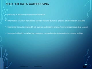 13 November 2019 Presentation titlePage 4
NEED FOR DATA WAREHOUSING
• Difficulty in obtaining integrated information
• Information structure not able to provide ‘full and dynamic’ analysis of information available
• Inconsistent results obtained from queries and reports arising from heterogeneous data sources
• Increased difficulty in delivering consistent comprehensive information in a timely fashion
 