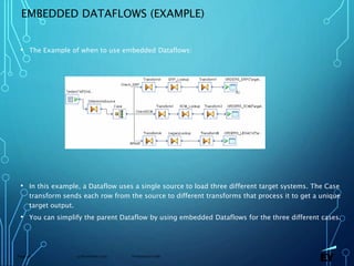 13 November 2019 Presentation titlePage 56
EMBEDDED DATAFLOWS (EXAMPLE)
• The Example of when to use embedded Dataflows:
• In this example, a Dataflow uses a single source to load three different target systems. The Case
transform sends each row from the source to different transforms that process it to get a unique
target output.
• You can simplify the parent Dataflow by using embedded Dataflows for the three different cases.
 