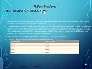 13 November 2019 Presentation titlePage 70
MAP_OPERATION TRANSFORM
• Modifies data based on mapping expressions and current operation codes. The operation codes can be
converted between data manipulation operations.
• This transform can also change operation codes on data sets to produce the desired output. For example,
if a row in the input data set has been updated in some previous operation in the data flow, you can use
this transform to map the UPDATE operation to an INSERT. The result of converting UPDATE rows into
INSERT rows is the preservation the rows in the target.
• Data Services can push Map_Operation transforms to the source database.
• The Map Operation tab would have the following settings:
Platform Transforms
 