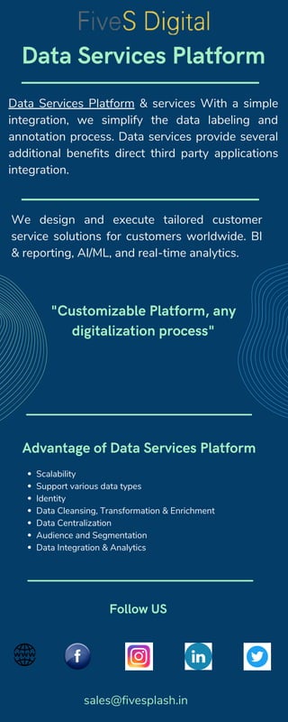"Customizable Platform, any
digitalization process"
Data Services Platform & services With a simple
integration, we simplify the data labeling and
annotation process. Data services provide several
additional benefits direct third party applications
integration.
Data Services Platform
We design and execute tailored customer
service solutions for customers worldwide. BI
& reporting, AI/ML, and real-time analytics.
sales@fivesplash.in
Follow US
Advantage of Data Services Platform
Scalability
Support various data types
Identity
Data Cleansing, Transformation & Enrichment
Data Centralization
Audience and Segmentation
Data Integration & Analytics