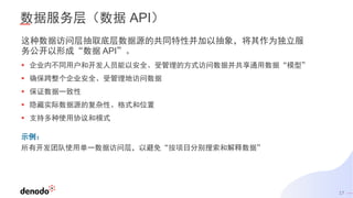 17
数据服务层（数据 API）
这种数据访问层抽取底层数据源的共同特性并加以抽象，将其作为独立服
务公开以形成“数据 API”。
▪ 企业内不同用户和开发人员能以安全、受管理的方式访问数据并共享通用数据“模型”
▪ 确保跨整个企业安全、受管理地访问数据
▪ 保证数据一致性
▪ 隐藏实际数据源的复杂性、格式和位置
▪ 支持多种使用协议和模式
示例：
所有开发团队使用单一数据访问层，以避免“按项目分别搜索和解释数据”
 