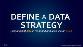 © 2021, Amazon Web Services, Inc. or its affiliates. All rights reserved.
DEFINE DATA
A
STRATEGY
Ensuring that data is managed and used like an asset.
 