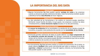 LA IMPORTANCIA DEL BIG DATA
•Algunas herramientas Big Data pueden aportar ventajas de costes a las empresas
cuando se alma...