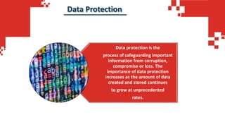 Data protection is the
process of safeguarding important
information from corruption,
compromise or loss. The
importance of data protection
increases as the amount of data
created and stored continues
to grow at unprecedented
rates.
Data Protection
 