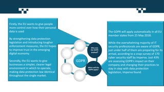 Firstly, the EU wants to give people
more control over how their personal
data is used
By strengthening data protection
legislation and introducing tougher
enforcement measures, the EU hopes
to improve trust in the emerging
digital economy.
Secondly, the EU wants to give
businesses a simpler, clearer legal
environment in which to operate,
making data protection law identical
throughout the single market.
The GDPR will apply automatically in all EU
member states from 25 May 2018.
While the overwhelming majority of IT
security professionals are aware of GDPR,
just under half of them are preparing for its
arrival, according to a snap survey of 170
cyber security staff by Imperva. Just 43%
are assessing GDPR's impact on their
company and changing their practices to
stay in step with data protection
legislation, Imperva found.
GDPR
What is
the
GDPR? Why was
the GDPR
drafted?
When will the
GDPR apply?
Who does
the GDPR
apply to?
When can
I process
data under
the GDPR?
What are
the
consequen
ces of not
acting by
GDPR?
 