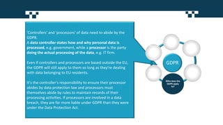'Controllers' and 'processors' of data need to abide by the
GDPR.
A data controller states how and why personal data is
processed, e.g. government, while a processor is the party
doing the actual processing of the data, e.g. IT firm.
Even if controllers and processors are based outside the EU,
the GDPR will still apply to them so long as they're dealing
with data belonging to EU residents.
It's the controller's responsibility to ensure their processor
abides by data protection law and processors must
themselves abide by rules to maintain records of their
processing activities. If processors are involved in a data
breach, they are far more liable under GDPR than they were
under the Data Protection Act.
GDPR
What is
the
GDPR? Why was
the GDPR
drafted?
When will
the GDPR
apply?
Who does the
GDPR apply
to?
When can
I process
data under
the GDPR?
What are
the
consequen
ces of not
acting by
GDPR?
 