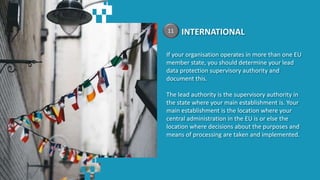 INTERNATIONAL11
If your organisation operates in more than one EU
member state, you should determine your lead
data protection supervisory authority and
document this.
The lead authority is the supervisory authority in
the state where your main establishment is. Your
main establishment is the location where your
central administration in the EU is or else the
location where decisions about the purposes and
means of processing are taken and implemented.
 