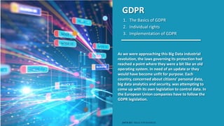 GDPR
1. The Basics of GDPR
2. Individual rights
3. Implementation of GDPR
As we were approaching this Big Data industrial
revolution, the laws governing its protection had
reached a point where they were a bit like an old
operating system. In need of an update or they
would have become unfit for purpose. Each
country, concerned about citizens’ personal data,
big data analytics and security, was attempting to
come up with its own legislation to control data. In
the European Union companies have to follow the
GDPR legislation.
DATA SET SKILLS FOR BUSINESS
 