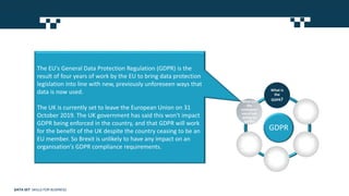 The EU's General Data Protection Regulation (GDPR) is the
result of four years of work by the EU to bring data protection
legislation into line with new, previously unforeseen ways that
data is now used.
The UK is currently set to leave the European Union on 31
October 2019. The UK government has said this won't impact
GDPR being enforced in the country, and that GDPR will work
for the benefit of the UK despite the country ceasing to be an
EU member. So Brexit is unlikely to have any impact on an
organisation's GDPR compliance requirements.
GDPR
What is
the
GDPR?
Why was
the GDPR
drafted?
When will
the GDPR
apply?
Who does
the GDPR
apply to?
When can
I process
data under
the GDPR?
What are
the
consequen
ces of not
acting by
GDPR?
DATA SET SKILLS FOR BUSINESS
 