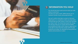 INFORMATION YOU HOLD2
You should document what personal data you hold,
where it came from
and who you share it with. GDPR requires you to
maintain records of your processing activities.
You can’t confirm that data is correct or that your
organisation is in compliance unless you know what
personal data you hold, where it came from and who
you share it with. You should document this. Doing
this will also help you to comply with the GDPR’s
accountability principle, which requires organisations
to be able to show how they comply with the data
protection principles, for example by having effective
policies and procedures in place.
DATA SET SKILLS FOR BUSINESS
 