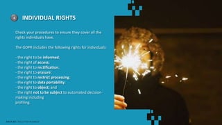 4 INDIVIDUAL RIGHTS
Check your procedures to ensure they cover all the
rights individuals have.
The GDPR includes the following rights for individuals:
- the right to be informed;
- the right of access;
- the right to rectification;
- the right to erasure;
- the right to restrict processing;
- the right to data portability;
- the right to object; and
- the right not to be subject to automated decision-
making including
profiling.
DATA SET SKILLS FOR BUSINESS
 