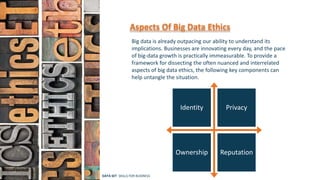 Aspects Of Big Data Ethics
Big data is already outpacing our ability to understand its
implications. Businesses are innovating every day, and the pace
of big-data growth is practically immeasurable. To provide a
framework for dissecting the often nuanced and interrelated
aspects of big data ethics, the following key components can
help untangle the situation.
Identity Privacy
Ownership Reputation
DATA SET SKILLS FOR BUSINESS
 