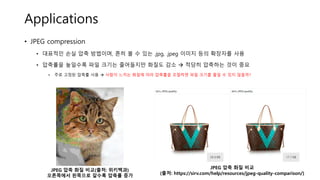 Applications
• JPEG compression
• 대표적인 손실 압축 방법이며, 흔히 볼 수 있는 .jpg, .jpeg 이미지 등의 확장자를 사용
• 압축률을 높일수록 파일 크기는 줄어들지만 화질도 감소 → 적당히 압축하는 것이 중요
• 주로 고정된 압축률 사용 → 사람이 느끼는 화질에 따라 압축률을 조절하면 파일 크기를 줄일 수 있지 않을까?
JPEG 압축 화질 비교(출처: 위키백과)
오른쪽에서 왼쪽으로 갈수록 압축률 증가
JPEG 압축 화질 비교
(출처: https://sirv.com/help/resources/jpeg-quality-comparison/)
 