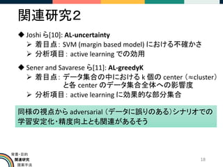 関連研究
提案手法
背景・目的
関連研究２
◆ Joshi ら[10]: AL-uncertainty
➢ 着目点： SVM (margin based model) における不確かさ
➢ 分析項目： active learning での効用
◆ Sener and Savarese ら[11]: AL-greedyK
➢ 着目点： データ集合の中における k 個の center （≈cluster）
と各 center のデータ集合全体への影響度
➢ 分析項目： active learning に効果的な部分集合
18
同様の視点から adversarial （データに誤りのある）シナリオでの
学習安定化・精度向上とも関連があるそう
 
