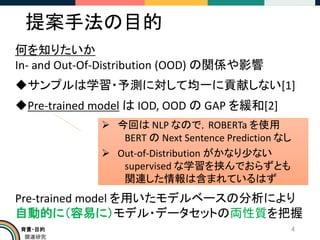 背景・目的
関連研究
提案手法の目的
4
何を知りたいか
In- and Out-Of-Distribution (OOD) の関係や影響
◆サンプルは学習・予測に対して均一に貢献しない[1]
◆Pre-trained model は IOD, OOD の GAP を緩和[2]
Pre-trained model を用いたモデルベースの分析により
自動的に（容易に）モデル・データセットの両性質を把握
➢ 今回は NLP なので，ROBERTa を使用
BERT の Next Sentence Prediction なし
➢ Out-of-Distribution がかなり少ない
supervised な学習を挟んでおらずとも
関連した情報は含まれているはず
 