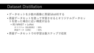 Dataset Distillation
• データセットを少数の画像に蒸留(distill)する
• 蒸留データセットを使って学習させるとオリジナルデータセッ
トを使った場合に近い精度が出る
• 例) MNIST + LeNet
オリジナル（60,000枚）：99%
蒸留データ（10枚） ：94%
• 蒸留データセットでの学習は数ステップで収束
 