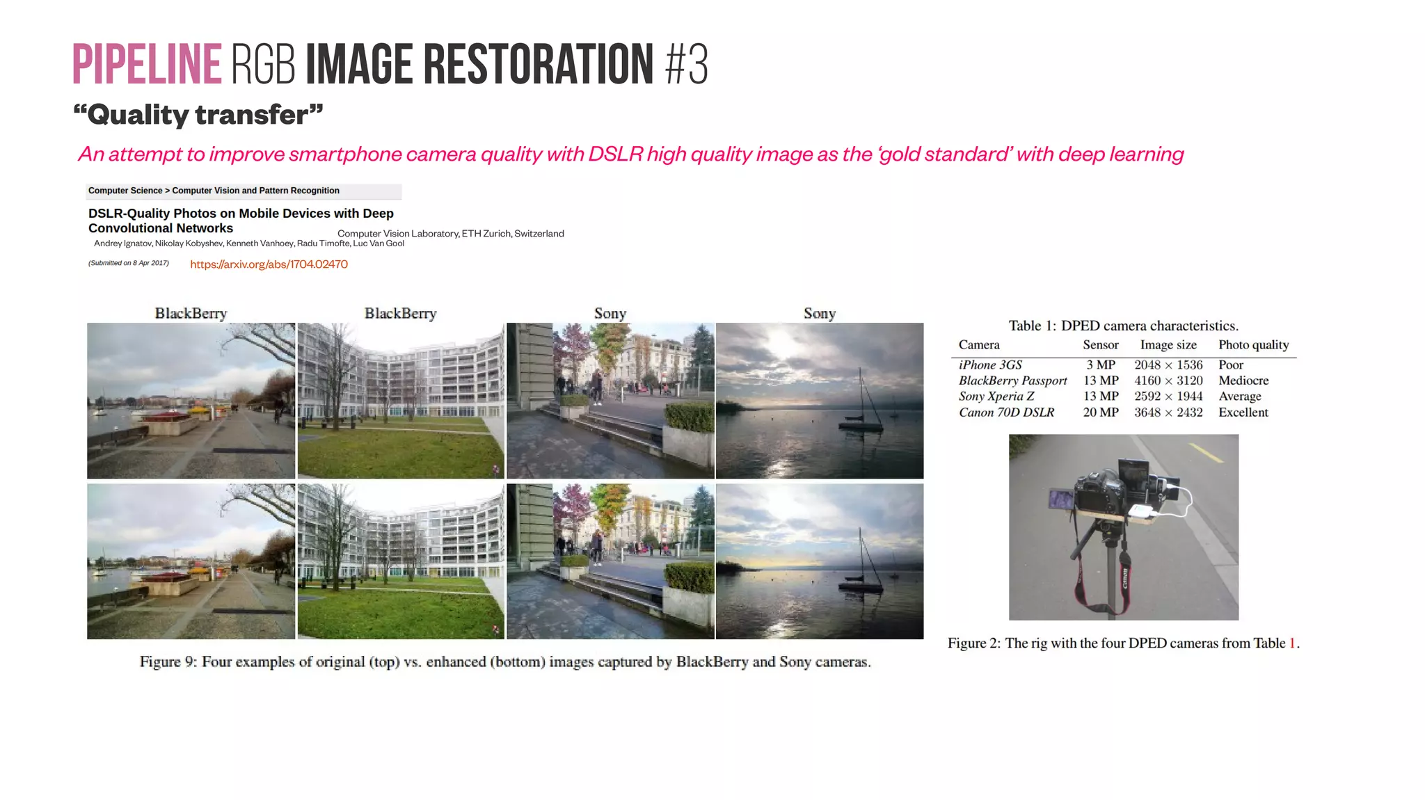 PipelineRGB image Restoration #2b “Data-driven Super-resolution” what super-resolution typically means in the deep learning space MemNet: A Persistent Memory Network for Image Restoration Ying Tai, Jian Yang, Xiaoming Liu, Chunyan Xu (Submitted on 7 Aug 2017) https://arxiv.org/abs/1708.02209 https://github.com/tyshiwo/MemNet. Output of the “hardware super-resolution” can be used as a target for the “data-driven super-resolution” The same MemNet structure achieves the state-of-the-art performance in image denoising, super-resolution and JPEG deblocking. Due to the strong learning ability, our MemNet can be trained to handle different levels of corruption even using a single model. Training Setting: Following the method of Mao et al. (2016), for image denoising, the grayscale image is used; while for SISR and JPEG deblocking, the luminance component is fed into the model. Deep Generative Adversarial Compression Artifact Removal Leonardo Galteri, Lorenzo Seidenari, Marco Bertini, Alberto Del Bimbo (Submitted on 8 Apr 2017) https://arxiv.org/abs/1704.02518 In this work we address the problem of artifact removal using convolutional neural networks. The proposed approach can be used as a post-processing technique applied to decompressed images, and thus can be applied to different compression algorithms (typically applied in YCrCb color space) such as JPEG, intra-frame coding of H.264/AVC and H.265/HEVC. Compared to super resolution techniques, working on compressed images instead of down-sampled ones, is more practical, since it does not require to change the compression pipeline, that is typically hardware based, to subsample the image before its coding; moreover, camera resolutions have increased during the latest years, a trend that we can expect to continue. 