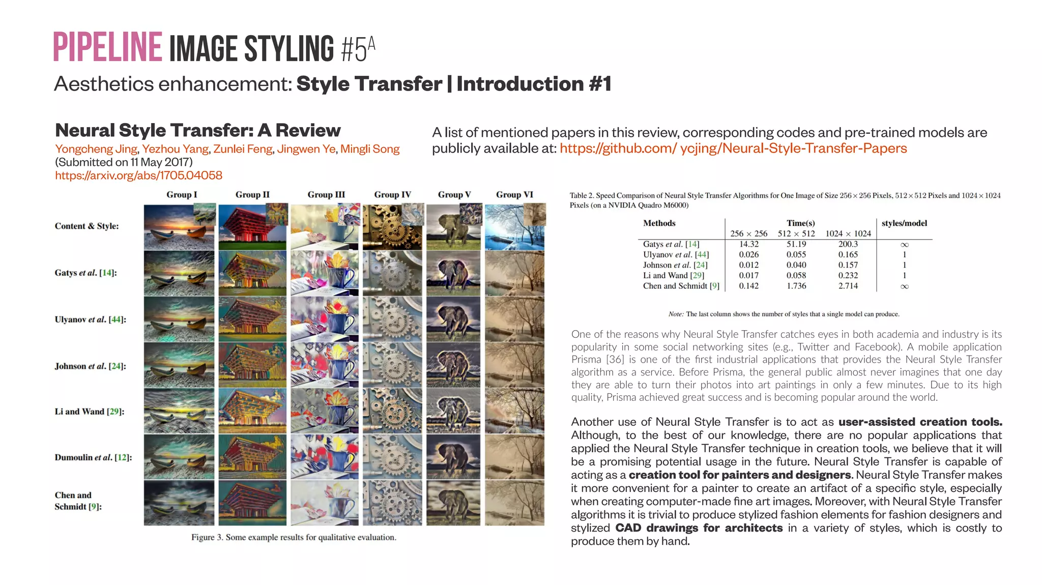 Pipelineimage Styling #4 Beyond low-level style transfer for high-level manipulation Generative Semantic Manipulation with Contrasting GAN Xiaodan Liang, Hao Zhang, Eric P. Xing (Submitted on 1 Aug 2017) https://arxiv.org/abs/1708.00315 Generative Adversarial Networks (GANs) have recently achieved significant improvement on paired/unpaired image-to-image translation, such as photo sketch and artist painting style transfer. However, existing models→ can only be capable of transferring the low-level information (e.g. color or texture changes), but fail to edit high- level semantic meanings (e.g., geometric structure or content) of objects. Some example semantic manipulation results by our model, which takes one image and a desired object category (e.g. cat, dog) as inputs and then learns to automatically change the object semantics by modifying their appearance or geometric structure. We show the original image (left) and manipulated result (right) in each pair. Although our method can achieve compelling results in many semantic manipulation tasks, it shows little success for some cases which require very large geometric changes, such as car truck and↔ car bus. Integrating spatial transformation layers for explicitly learning pixel-wise offsets may help↔ resolve very large geometric changes. To be more general, our model can be extended to replace the mask annotations with the predicted object masks or automatically learned attentive regions via attention modeling. This paper pushes forward the research of unsupervised setting by demonstrating the possibility of manipulating high-level object semantics rather than the low-level color and texture changes as previous works did. In addition, it would be more interesting to develop techniques that are able to manipulate object interactions and activities in images/videos for the future work. 