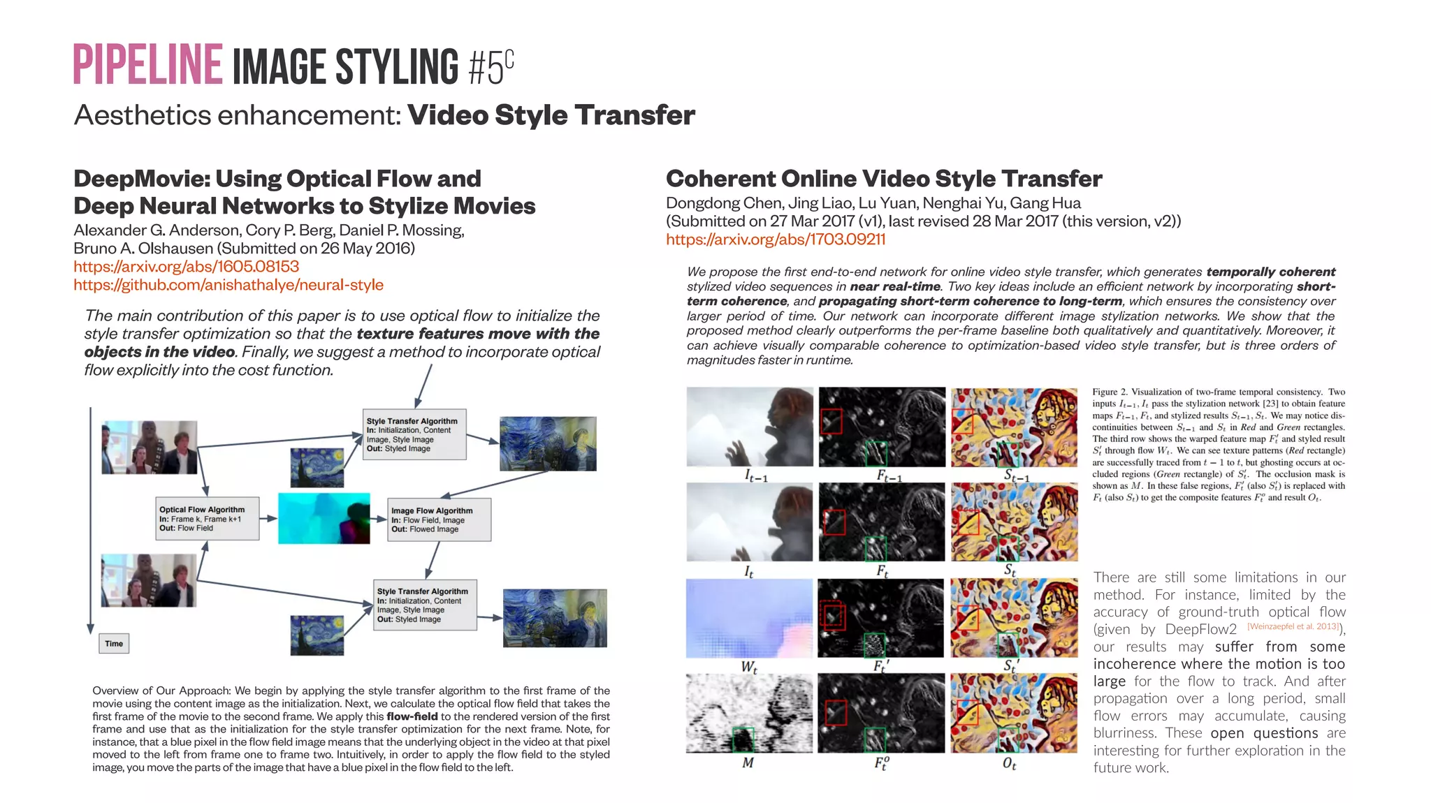 Pipelineimage Styling #5b Aesthetics enhancement: Style Transfer | Introduction #2 Neural Style Transfer: A Review Yongcheng Jing, Yezhou Yang, Zunlei Feng, Jingwen Ye, Mingli Song (Submitted on 11 May 2017) https://arxiv.org/abs/1705.04058 A list of mentioned papers in this review, corresponding codes and pre-trained models are publicly available at: https://github.com/ ycjing/Neural-Style-Transfer-Papers Promising directions for future research in Neural Style Transfer mainly focus on two aspects. The first aspect is to solve the existing aforementioned challenges for current algorithms, i.e., problem of parameter tuning, problem of stroke orientation control and problem existing in “Fast” and “Faster” Neural Style Transfer algorithms. The second aspect of promising directions is to focus on new extensions to Neural Style Transfer (e.g., Fashion Style Transfer and Character Style Transfer). There are already some preliminary work related with this direction, such as the recent work of Yang et al. (2016) on Text Effects Transfer. These interesting extensions may become trending topics in the future and related new areas may be created subsequently. 