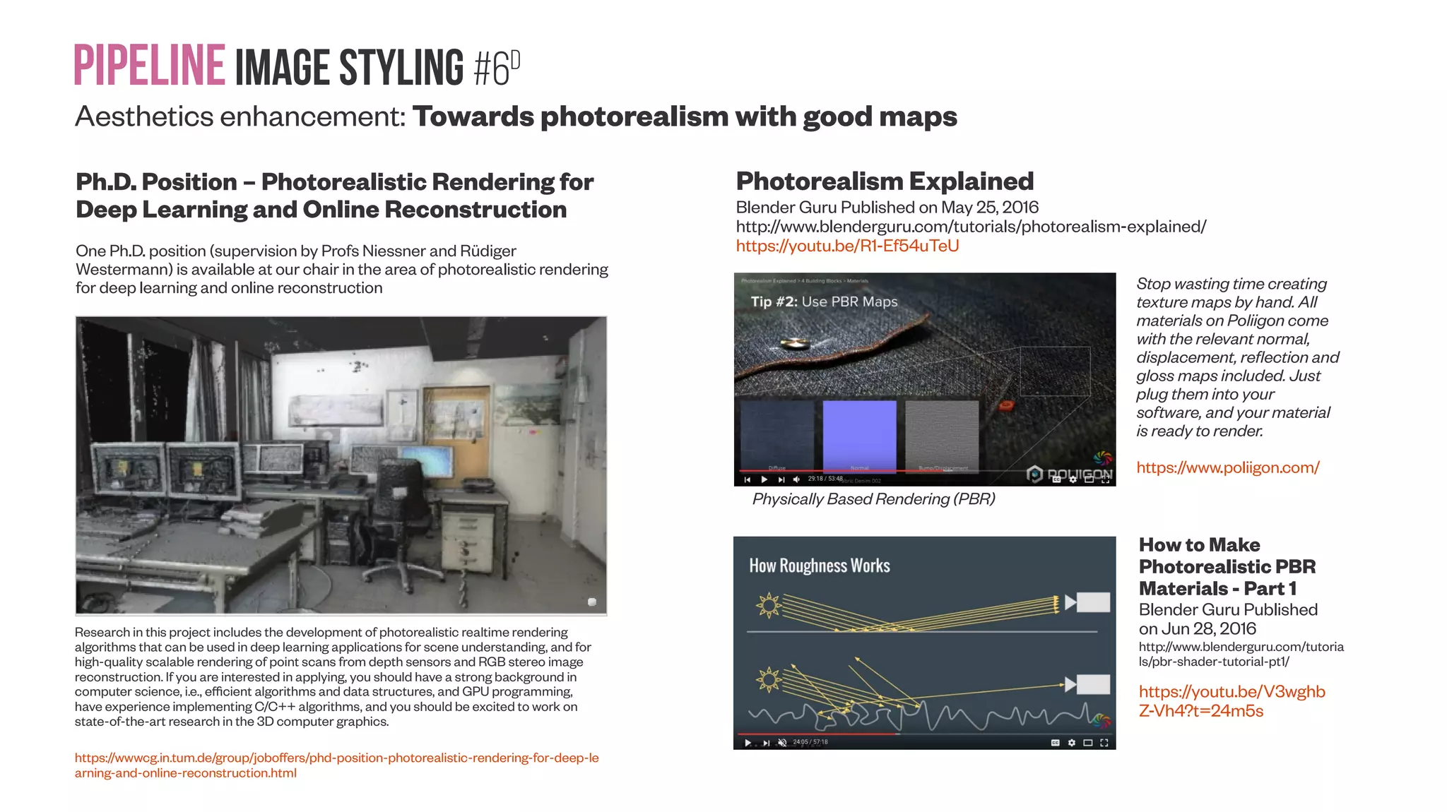 Pipelineimage Styling #6C Aesthetics enhancement: Enhancing texture maps Depth Texture Synthesis for Realistic Architectural Modeling Félix Labrie-Larrivée ; Denis Laurendeau ; Jean-François Lalonde Computer and Robot Vision (CRV), 2016 13th Conference on https://doi.org/10.1109/CRV.2016.77 In this paper, we present a novel approach that improves the resolution and geometry of 3D meshes of large scenes with such repeating elements. By leveraging structure from motion reconstruction and an off-the-shelf depth sensor, our approach captures a small sample of the scene in high resolution and automatically extends that information to similar regions of the scene. Using RGB and SfM depth information as a guide and simple geometric primitives as canvas, our approach extends the high resolution mesh by exploiting powerful, image-based texture synthesis approaches. The final results improves on standard SfM reconstruction with higher detail. Our approach benefits from reduced manual labor as opposed to full RGBD reconstruction, and can be done much more cheaply than with LiDAR- based solutions. In the future, we plan to work on a more generalized 3D texture synthesis procedure capable of synthesizing a more varied set of objects, and able to reconstruct multiple parts of the scene by exploiting several high resolution scan samples at once in an effort to address the tradeoff mentioned above. We also plan to improve the robustness of the approach to a more varied set of large scale scenes, irrespective of the lighting conditions, material colors, and geometric configurations. Finally, we plan to evaluate how our approach compares to SfM on a more quantitative level by leveraging LiDAR data as ground truth. Overview of the data collection and alignment procedure. Top row: a collection of photos of the scene is acquired with a typical camera, and used to generate a point cloud via SfM [Agarwal et al. 2009] and dense multi-view stereo (MVS) [ Furukawa and Ponce, 2012]. Bottom row: a repeating feature of the scene (in this example, the left-most window) is recorded with a Kinect sensor, and reconstructed into a high resolution mesh via the RGB-D SLAM technique KinectFusion [ Newcombe et al. 2011]. The mesh is then automatically aligned to the SfM reconstruction using bundle adjustment and our automatic scale adaptation technique (see sec. III-C). Right: the high resolution Kinect mesh is correctly aligned to the low resolution SfM point cloud 