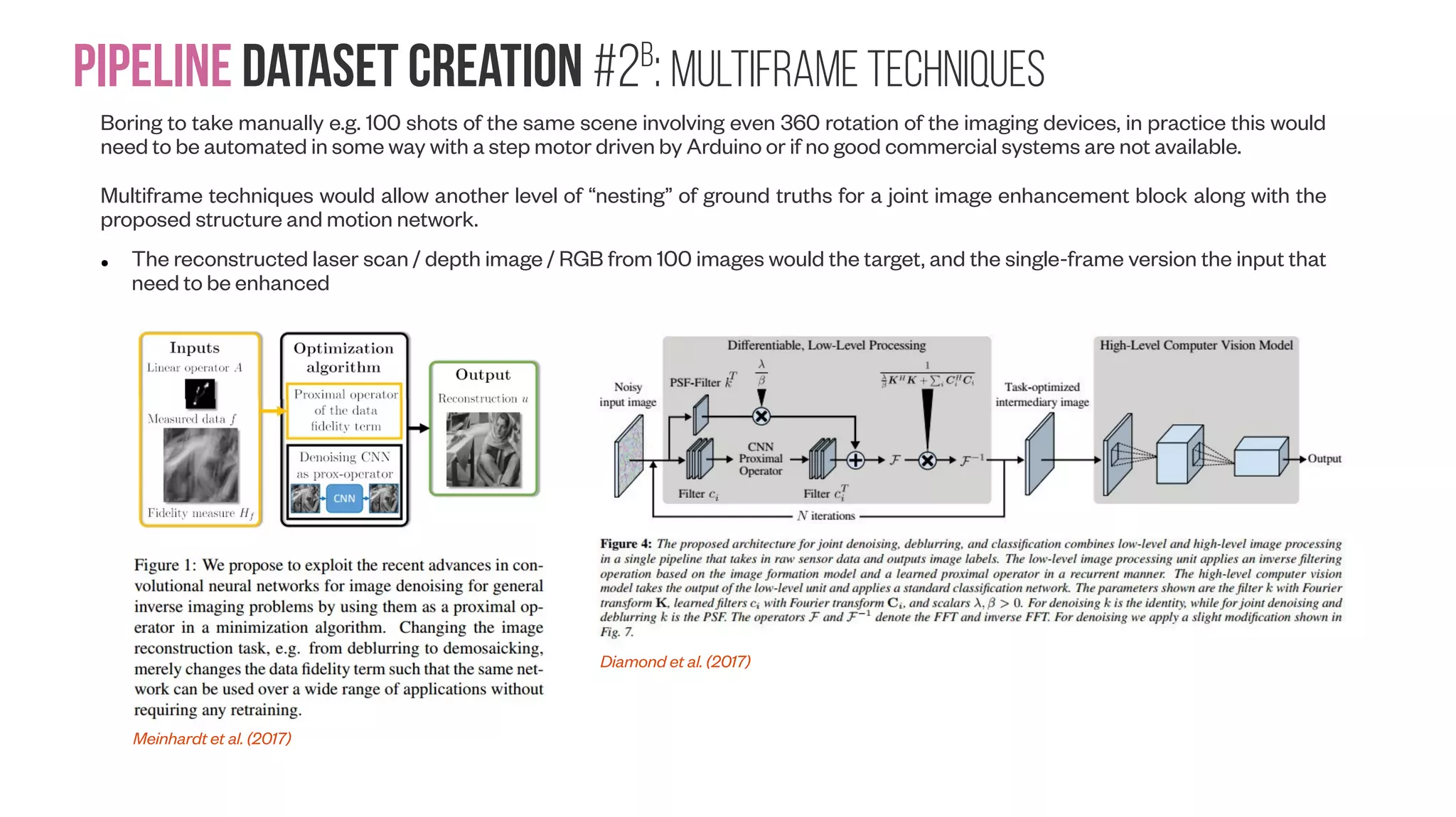 Pipeline Dataset creation #2b : Multiframe Techniques Boring to take manually e.g. 100 shots of the same scene involving even 360 rotation of the imaging devices, in practice this would need to be automated in some way with a step motor driven by Arduino or if no good commercial systems are not available. Multiframe techniques would allow another level of “nesting” of ground truths for a joint image enhancement block along with the proposed structure and motion network. ● The reconstructed laser scan / depth image / RGB from 100 images would the target, and the single-frame version the input that need to be enhanced Meinhardt et al. (2017) Diamond et al. (2017) 
