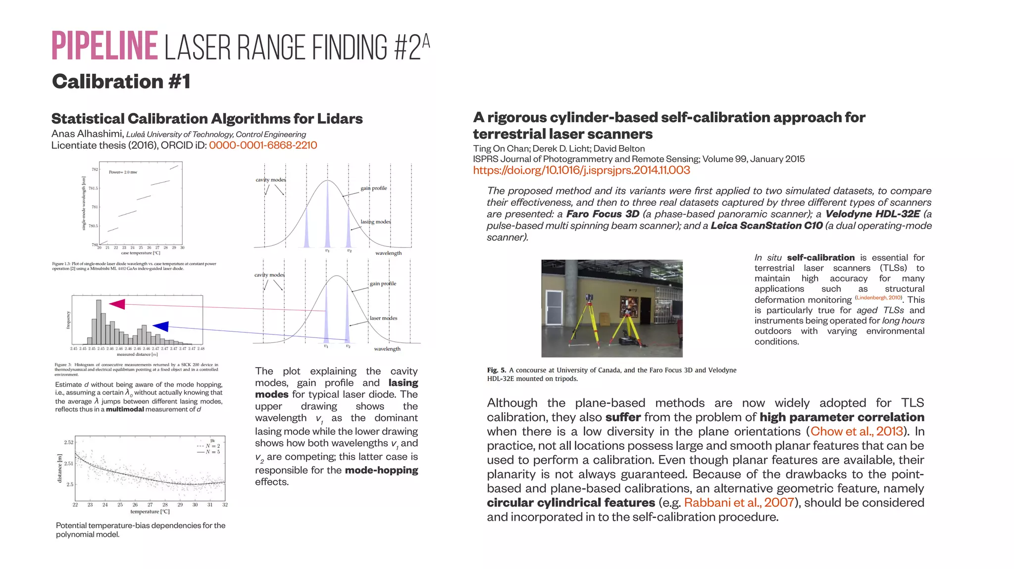 PipelineLaser range Finding #2A Calibration #1 Statistical Calibration Algorithms for Lidars Anas Alhashimi, Luleå University of Technology, Control Engineering Licentiate thesis (2016), ORCID iD: 0000-0001-6868-2210 A rigorous cylinder-based self-calibration approach for terrestrial laser scanners Ting On Chan; Derek D. Licht; David Belton ISPRS Journal of Photogrammetry and Remote Sensing; Volume 99, January 2015 https://doi.org/10.1016/j.isprsjprs.2014.11.003 The proposed method and its variants were first applied to two simulated datasets, to compare their effectiveness, and then to three real datasets captured by three different types of scanners are presented: a Faro Focus 3D (a phase-based panoramic scanner); a Velodyne HDL-32E (a pulse-based multi spinning beam scanner); and a Leica ScanStation C10 (a dual operating-mode scanner). In situ self-calibration is essential for terrestrial laser scanners (TLSs) to maintain high accuracy for many applications such as structural deformation monitoring (Lindenbergh, 2010) . This is particularly true for aged TLSs and instruments being operated for long hours outdoors with varying environmental conditions. Although the plane-based methods are now widely adopted for TLS calibration, they also suffer from the problem of high parameter correlation when there is a low diversity in the plane orientations (Chow et al., 2013). In practice, not all locations possess large and smooth planar features that can be used to perform a calibration. Even though planar features are available, their planarity is not always guaranteed. Because of the drawbacks to the point- based and plane-based calibrations, an alternative geometric feature, namely circular cylindrical features (e.g. Rabbani et al., 2007), should be considered and incorporated in to the self-calibration procedure. Estimate d without being aware of the mode hopping, i.e., assuming a certain λ0 without actually knowing that the average λ jumps between different lasing modes, reflects thus in a multimodal measurement of d Potential temperature-bias dependencies for the polynomial model. The plot explaining the cavity modes, gain profile and lasing modes for typical laser diode. The upper drawing shows the wavelength v1 as the dominant lasing mode while the lower drawing shows how both wavelengths v1 and v2 are competing; this latter case is responsible for the mode-hopping effects. 
