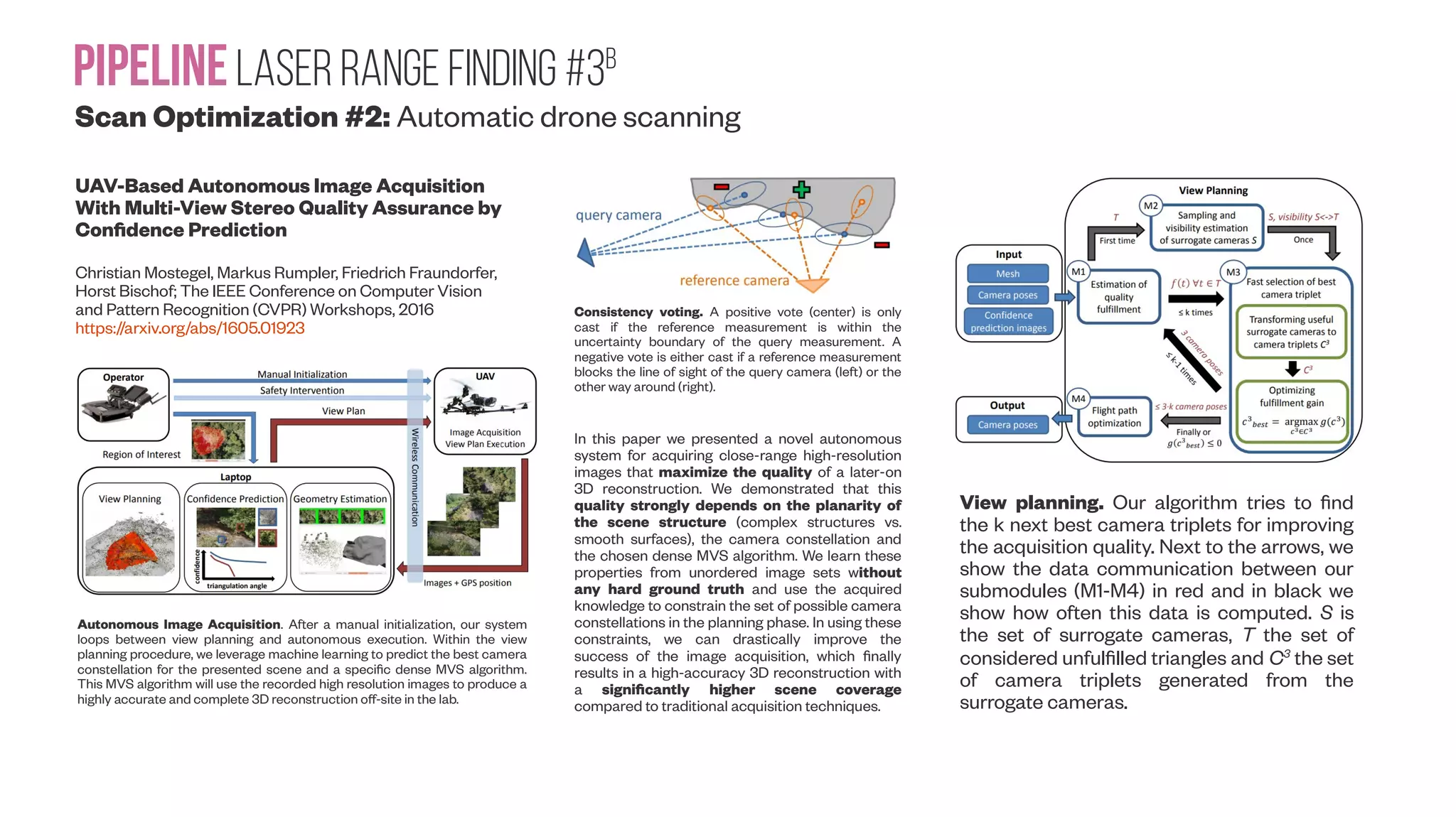PipelineLaser range Finding #3B Scan Optimization #2: Automatic drone scanning UAV-Based Autonomous Image Acquisition With Multi-View Stereo Quality Assurance by Confidence Prediction Christian Mostegel, Markus Rumpler, Friedrich Fraundorfer, Horst Bischof; The IEEE Conference on Computer Vision and Pattern Recognition (CVPR) Workshops, 2016 https://arxiv.org/abs/1605.01923 Autonomous Image Acquisition. After a manual initialization, our system loops between view planning and autonomous execution. Within the view planning procedure, we leverage machine learning to predict the best camera constellation for the presented scene and a specific dense MVS algorithm. This MVS algorithm will use the recorded high resolution images to produce a highly accurate and complete 3D reconstruction off-site in the lab. Consistency voting. A positive vote (center) is only cast if the reference measurement is within the uncertainty boundary of the query measurement. A negative vote is either cast if a reference measurement blocks the line of sight of the query camera (left) or the other way around (right). View planning. Our algorithm tries to find the k next best camera triplets for improving the acquisition quality. Next to the arrows, we show the data communication between our submodules (M1-M4) in red and in black we show how often this data is computed. S is the set of surrogate cameras, T the set of considered unfulfilled triangles and C3 the set of camera triplets generated from the surrogate cameras. In this paper we presented a novel autonomous system for acquiring close-range high-resolution images that maximize the quality of a later-on 3D reconstruction. We demonstrated that this quality strongly depends on the planarity of the scene structure (complex structures vs. smooth surfaces), the camera constellation and the chosen dense MVS algorithm. We learn these properties from unordered image sets without any hard ground truth and use the acquired knowledge to constrain the set of possible camera constellations in the planning phase. In using these constraints, we can drastically improve the success of the image acquisition, which finally results in a high-accuracy 3D reconstruction with a significantly higher scene coverage compared to traditional acquisition techniques. 