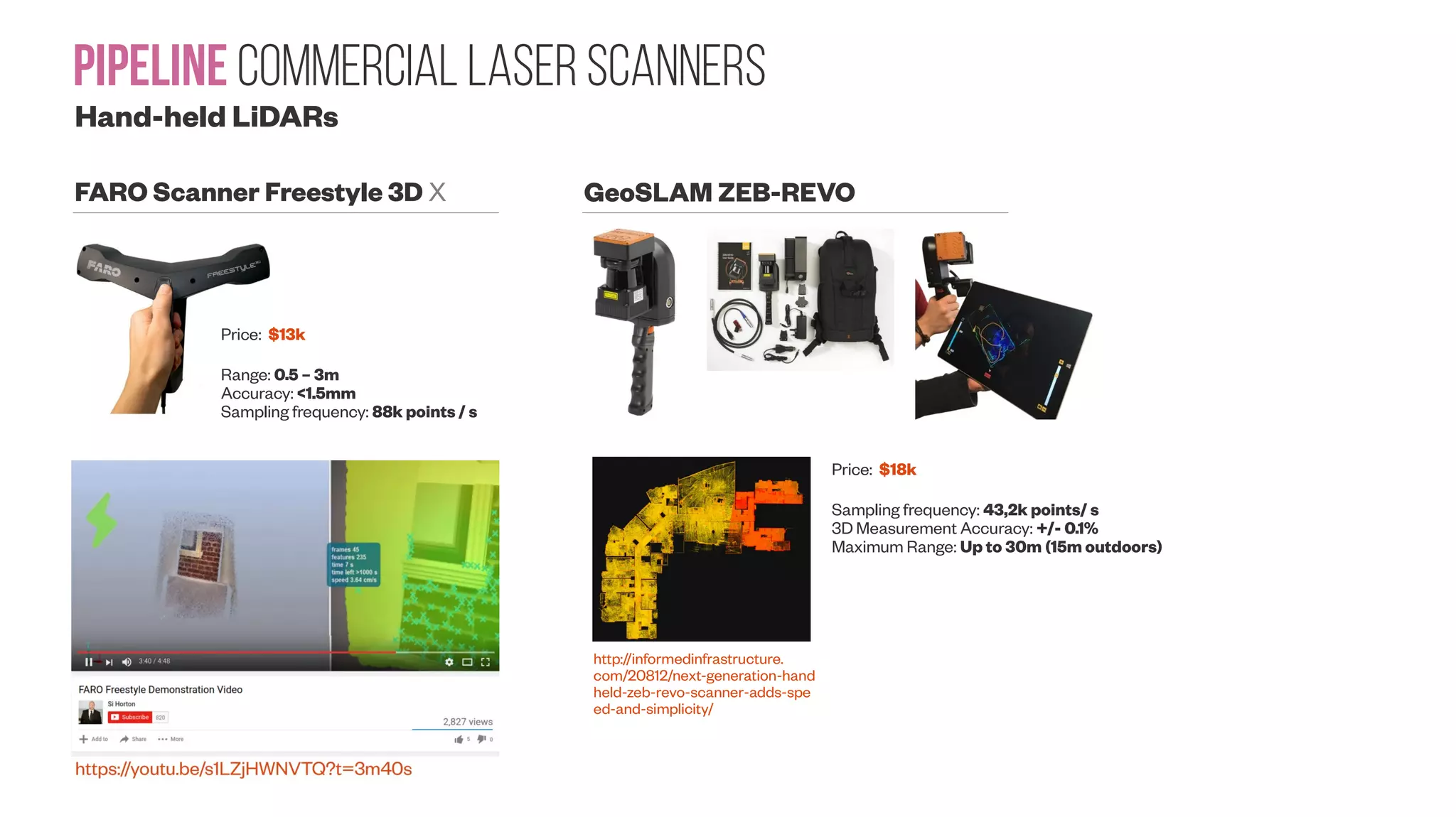 Pipeline Commercial Laser Scanners Low-cost LiDARs #1 A low-cost laser distance sensor Kurt Konolige ; Joseph Augenbraun ; Nick Donaldson ; Charles Fiebig ; Pankaj Shah Robotics and Automation, 2008. ICRA 2008. IEEE https://doi.org/10.1109/ROBOT.2008.4543666 Revo LDS. Approximate width is 10cm. Round carrier spins, holds optical module with laser dot module, imager, and lens. The Electrolux Trilobite, one of the only cleaners to make a map, relies on sonar sensors [Zunino and Christensen, 2002]. The barrier to using laser distance sensor (LDS) technology is the cost. The two most common devices, the SICK LMS 200 [ Alwan et al. 2005] and the Hokuyo URG- 04LX [Alwan et al. 2005], cost an order of magnitude more than the simplest robot In this paper we describe a compact, low-cost (~$30 cost to build) LDS that is as capable as standard LDS devices, yet is being manufactured for a fraction of their cost: the Revo LDS. Comparing low-cost 2D scanning Lidars May 28, 2017 https://diyrobocars.com/2017/05/28/comparing-low-cost-2d-scanning-lidars/ The RP Lidar A2 (left) and the Scanse Sweep (right). The RP Lidar A2 is the second lidar from Slamtec, a Chinese company with a good track record. Sweep is the first lidar from Scanse, a US company https://youtu.be/yLPM2BVQ2Ws 