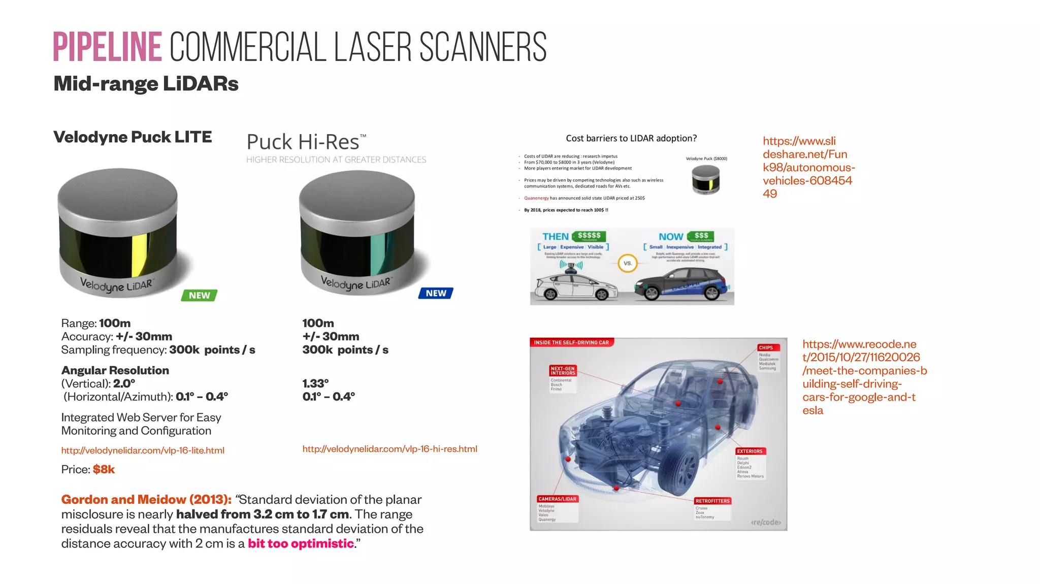 Pipeline Commercial Laser Scanners Hand-held LiDARs GeoSLAM ZEB-REVOFARO Scanner Freestyle 3D X Price: $18k Sampling frequency: 43,2k points/ s 3D Measurement Accuracy: +/- 0.1% Maximum Range: Up to 30m (15m outdoors) http://informedinfrastructure. com/20812/next-generation-hand held-zeb-revo-scanner-adds-spe ed-and-simplicity/ Price: $13k Range: 0.5 – 3m Accuracy: <1.5mm Sampling frequency: 88k points / s 