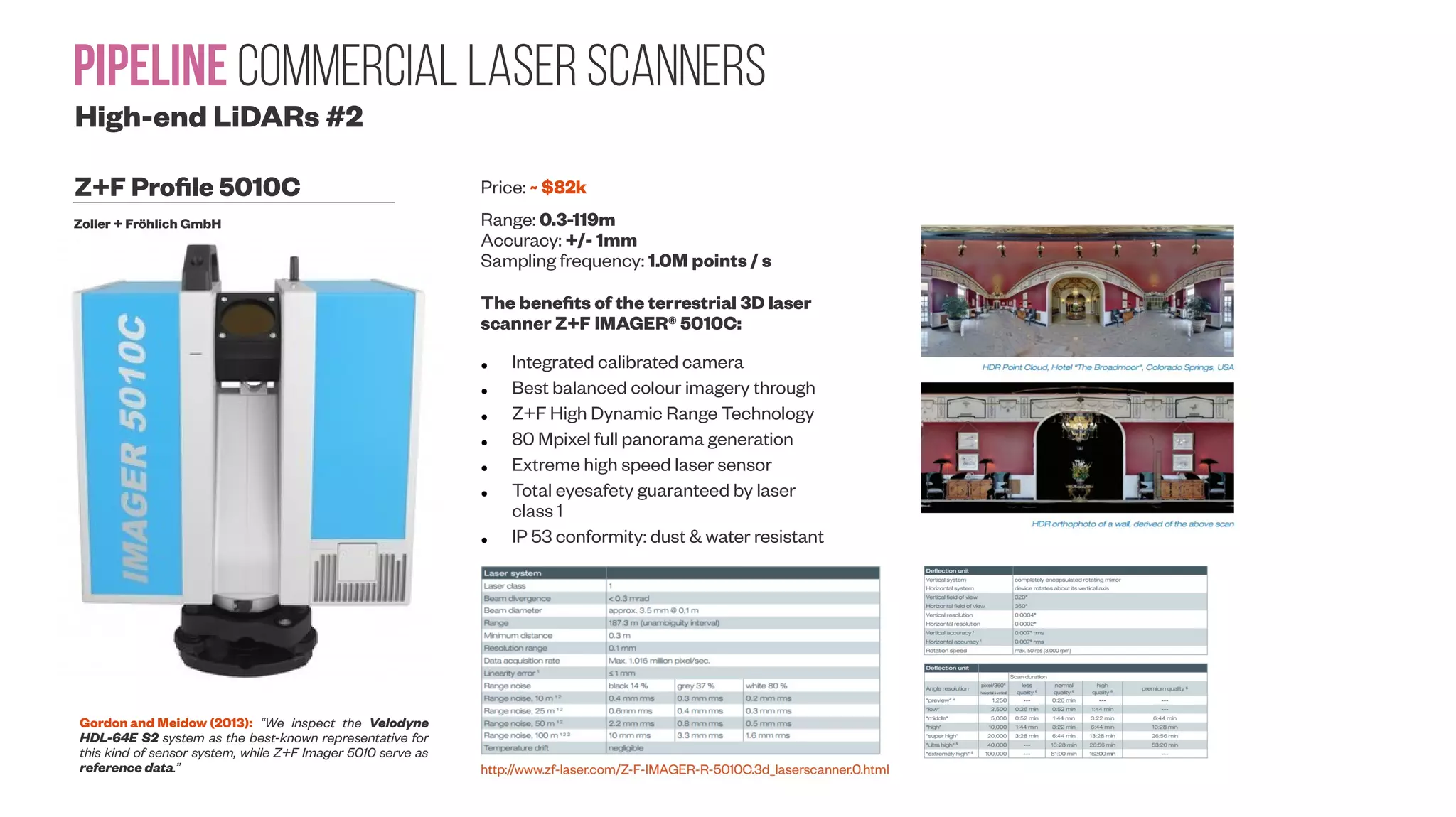 Pipeline Commercial Laser Scanners Mid-range LiDARs Velodyne Puck LITE Range: 100m Accuracy: +/- 30mm Sampling frequency: 300k points / s Angular Resolution (Vertical): 2.0° (Horizontal/Azimuth): 0.1° – 0.4° Integrated Web Server for Easy Monitoring and Configuration http://velodynelidar.com/vlp-16-lite.html Price: $8k 100m +/- 30mm 300k points / s 1.33° 0.1° – 0.4° http://velodynelidar.com/vlp-16-hi-res.html https://www.sli deshare.net/Fun k98/autonomous- vehicles-608454 49 https://www.recode.ne t/2015/10/27/11620026 /meet-the-companies-b uilding-self-driving- cars-for-google-and-t esla Gordon and Meidow (2013): “Standard deviation of the planar misclosure is nearly halved from 3.2 cm to 1.7 cm. The range residuals reveal that the manufactures standard deviation of the distance accuracy with 2 cm is a bit too optimistic.” 