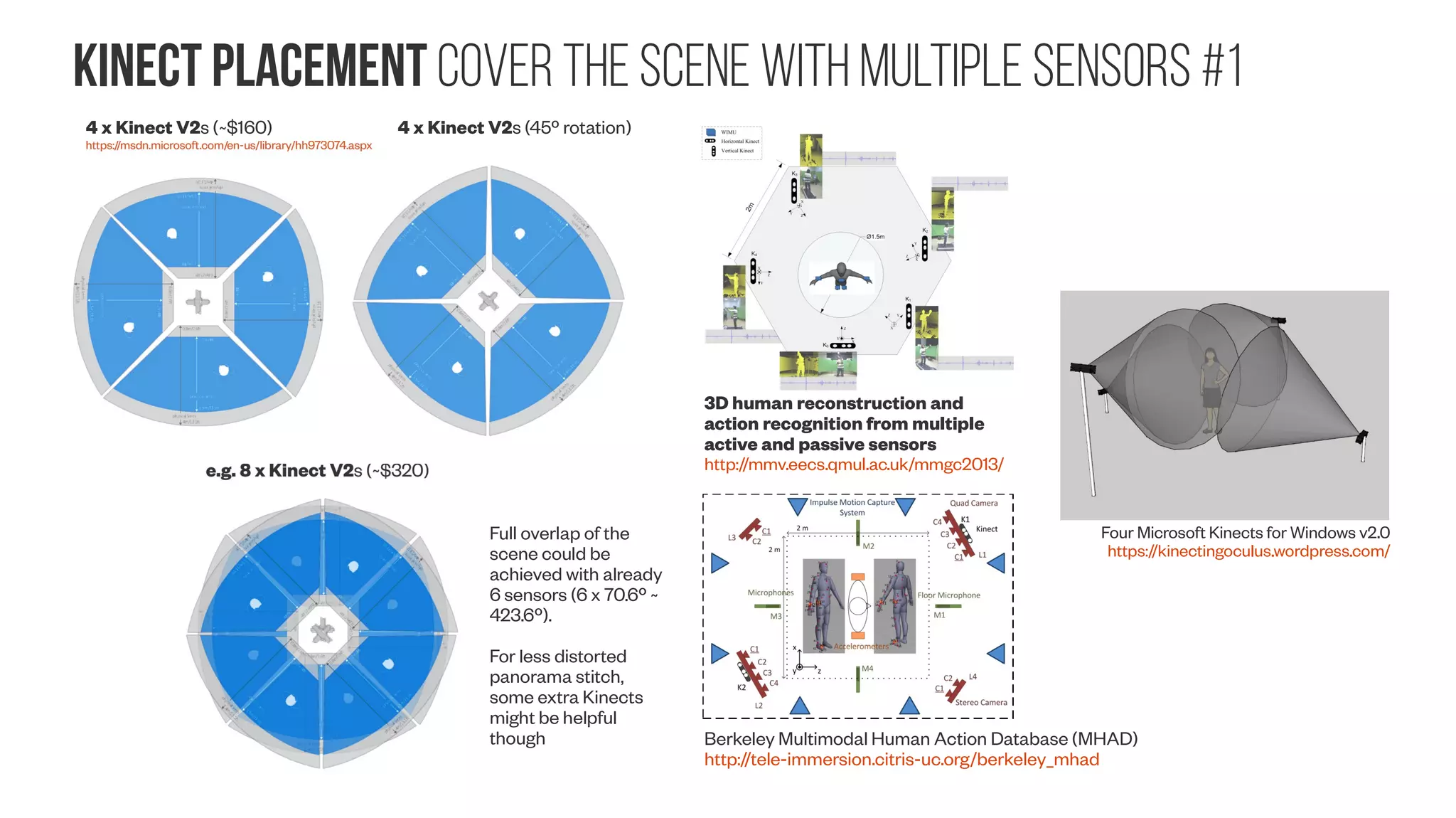 inexpensive sensors Kinect properties #1 Kinect v1 http://wiki.ros.org/kinect_calibration/technical 3D with Kinect Smisek et al. (2011): Kinect v2 Lachat et al. (2015) Since individual frame acquisitions suffer from noise inherent to the sensor and its technology, averaging successive frames is a possible improvement step to overcome this phenomenon. (a) Acquired scene; (b) Standard deviations calculated for each pixel of 100 successive depthmaps (colorbar in cm) Pre-heating Time test shows that the distance varies from 5 mm up to 30 minutes and becomes then almost constant (more or less 1 mm). A common way to assess the distance inhomogeneity consists on positioning the camera parallel to a white planar wall at different well- known distances. In our study, the wall has been surveyed beforehand with a laser scanner (FARO Focus3D) in order to assess his planarity with a device of assumed higher accuracy as the investigated sensor. FOV º px (per º) IR v1 58.5 x 46.6 5 x 5 IR v2 70.6 x 60 7 x 7 RGB v1 62 x 48.6 10 x 10 RGB v2 84.1 x 53.8 22 x 20 http://smeenk.com/kinect-field-of-view-comparison/ → http://www.smeenk.com/webgl/kinectfovexplorer.html Lens distortions of (a) IR camera and (b) RGB camera. The principal points are marked by x and the image centers by +. Accuracy and Resolution of Kinect Depth Data for Indoor Mapping Applications. Sensors (Basel). 2012; 12(2): 1437–1454. doi: 10.3390/s120201437 http://pterneas.com/2014/02/08/kinect-for-windows-version-2-overview/ 