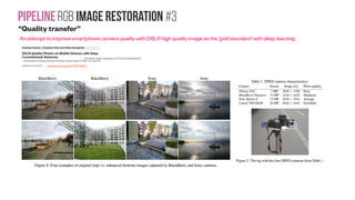PipelineRGB image Restoration #2b
“Data-driven Super-resolution” what super-resolution typically means in the deep learning space
MemNet: A Persistent Memory
Network for Image Restoration
Ying Tai, Jian Yang, Xiaoming Liu, Chunyan Xu
(Submitted on 7 Aug 2017)
https://arxiv.org/abs/1708.02209
https://github.com/tyshiwo/MemNet.
Output of the “hardware super-resolution” can be used as a target for the “data-driven super-resolution”
The same MemNet structure achieves the state-of-the-art performance in image denoising, super-resolution and
JPEG deblocking. Due to the strong learning ability, our MemNet can be trained to handle different levels of
corruption even using a single model.
Training Setting: Following the method of Mao et al. (2016), for
image denoising, the grayscale image is used; while for SISR and
JPEG deblocking, the luminance component is fed into the
model.
Deep Generative Adversarial
Compression Artifact Removal
Leonardo Galteri, Lorenzo Seidenari, Marco Bertini,
Alberto Del Bimbo
(Submitted on 8 Apr 2017)
https://arxiv.org/abs/1704.02518
In this work we address the problem of artifact removal using convolutional neural networks. The proposed
approach can be used as a post-processing technique applied to decompressed images, and thus can be
applied to different compression algorithms (typically applied in YCrCb color space) such as JPEG, intra-frame
coding of H.264/AVC and H.265/HEVC. Compared to super resolution techniques, working on compressed
images instead of down-sampled ones, is more practical, since it does not require to change the compression
pipeline, that is typically hardware based, to subsample the image before its coding; moreover, camera
resolutions have increased during the latest years, a trend that we can expect to continue.
 