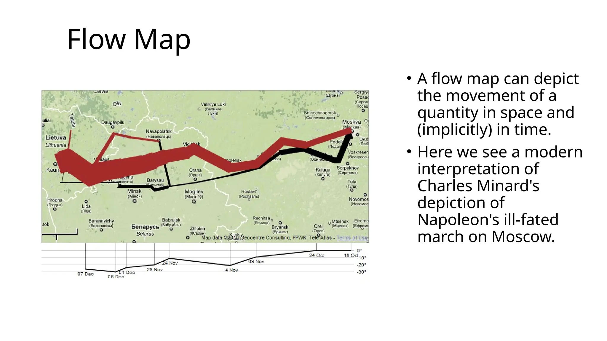 Flow Map
• A flow map can depict
the movement of a
quantity in space and
(implicitly) in time.
• Here we see a modern
interpretation of
Charles Minard's
depiction of
Napoleon's ill-fated
march on Moscow.
 