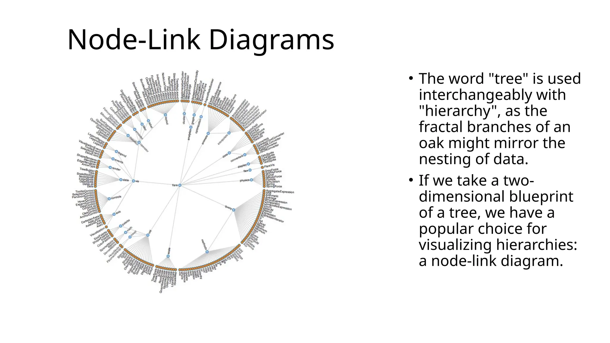 Node-Link Diagrams
• The word "tree" is used
interchangeably with
"hierarchy", as the
fractal branches of an
oak might mirror the
nesting of data.
• If we take a two-
dimensional blueprint
of a tree, we have a
popular choice for
visualizing hierarchies:
a node-link diagram.
 